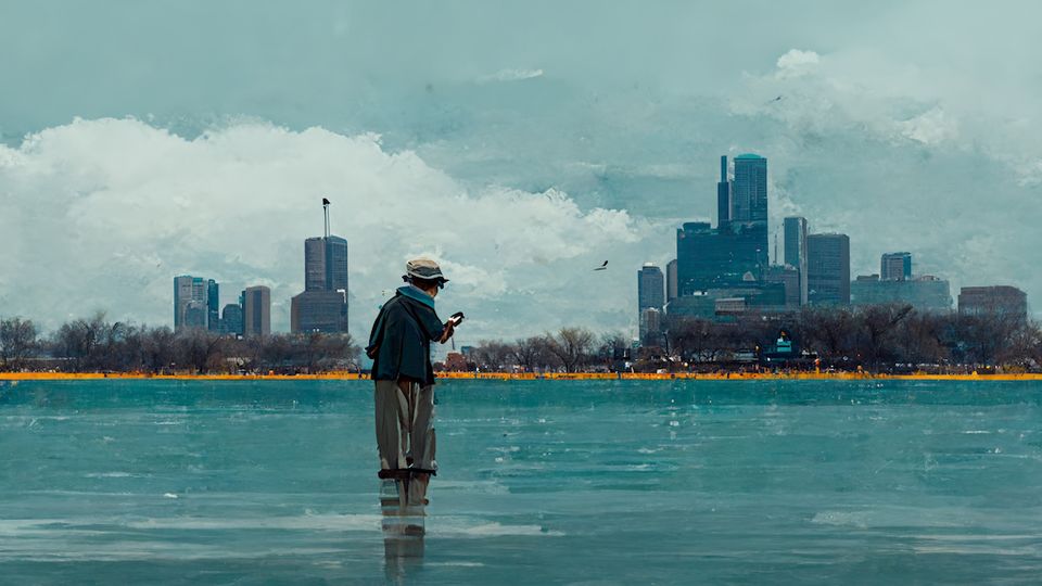 A painting of a man, standing in a lake, looking at his watch, with the Chicago skyline in the background.